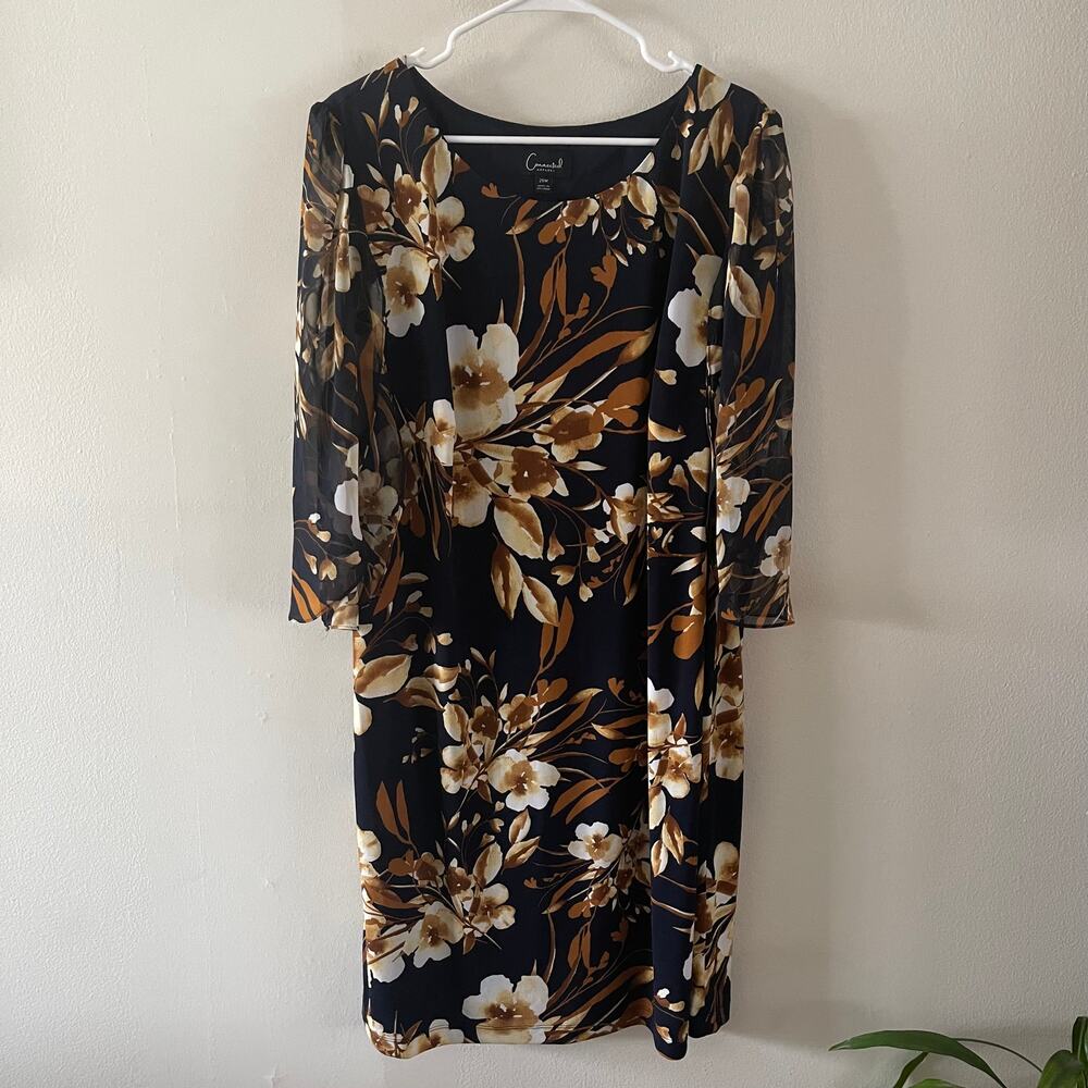 Connected Apparel Dress Womens 20W Plus Sheer Floral Split Sleeves Black Brown